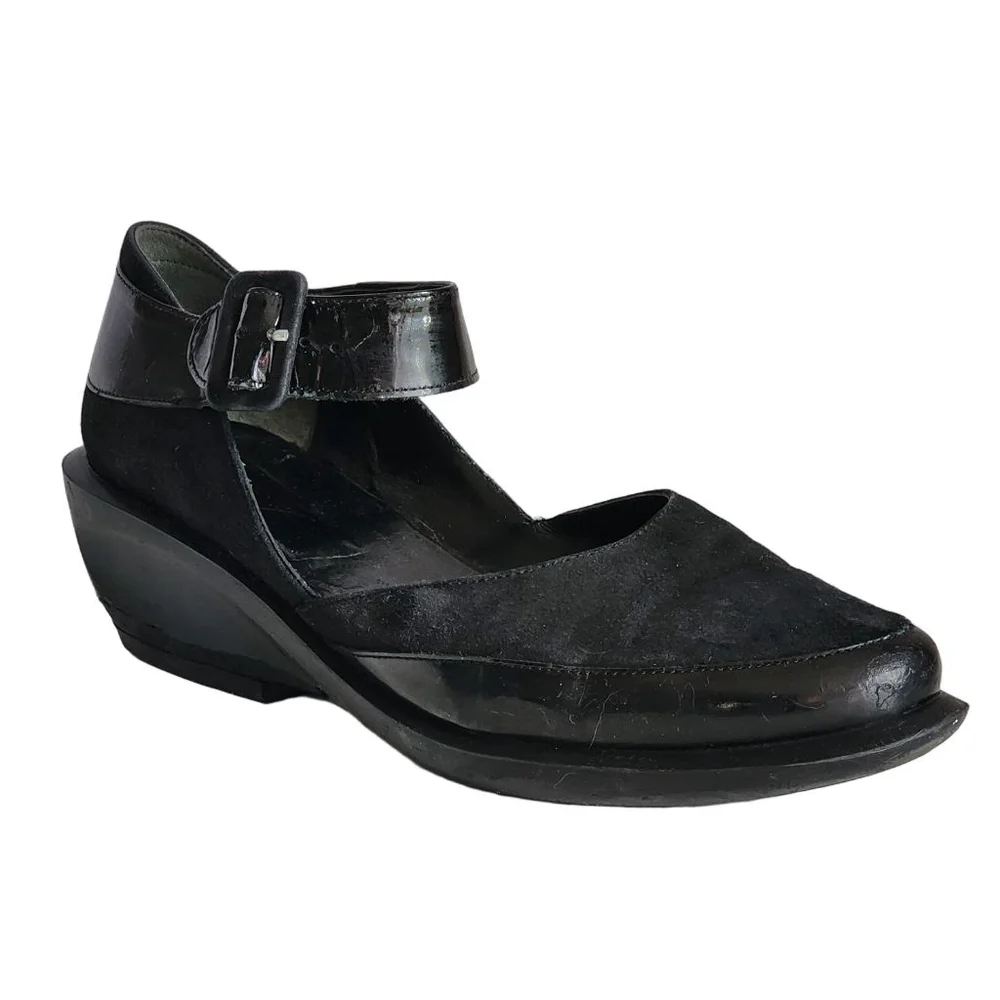 ROBERT CLERGERIE Black Suede Patent Leather Ankle Strap Wedges 8.5